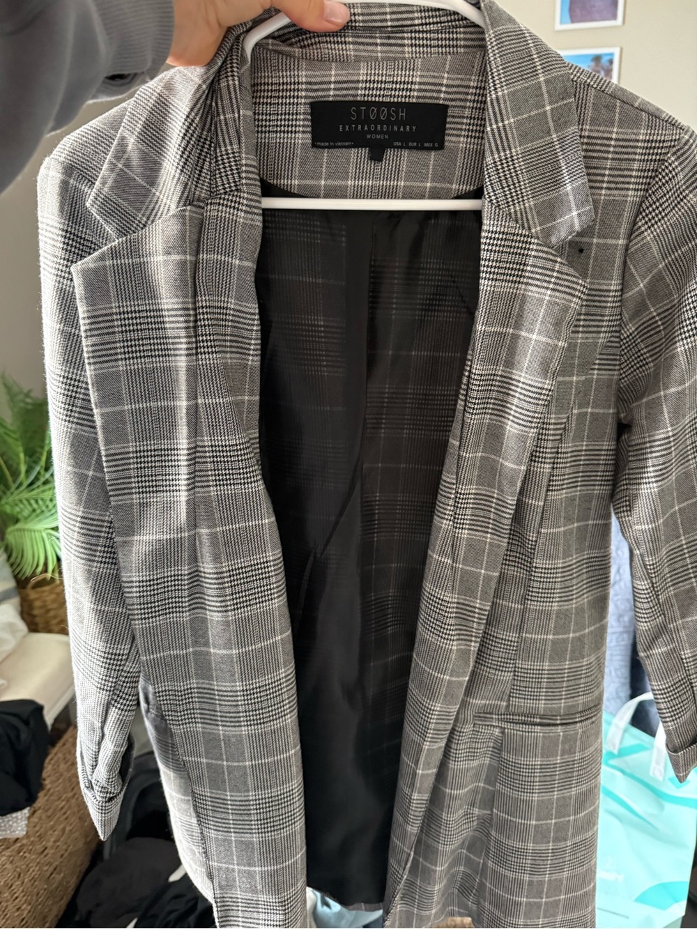 Gray Plaid Long Blazer Jacket
